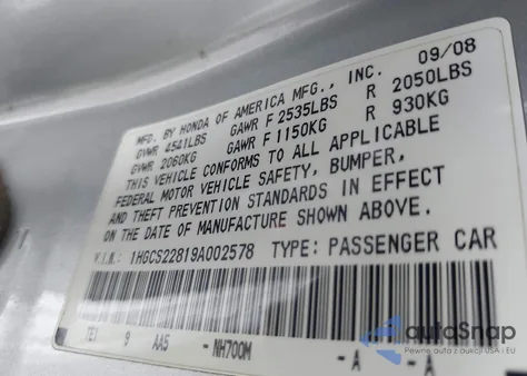 2009 Honda Accord 3.5 Ex-L из США, поврежденный, VIN 1HGCS22819A002578